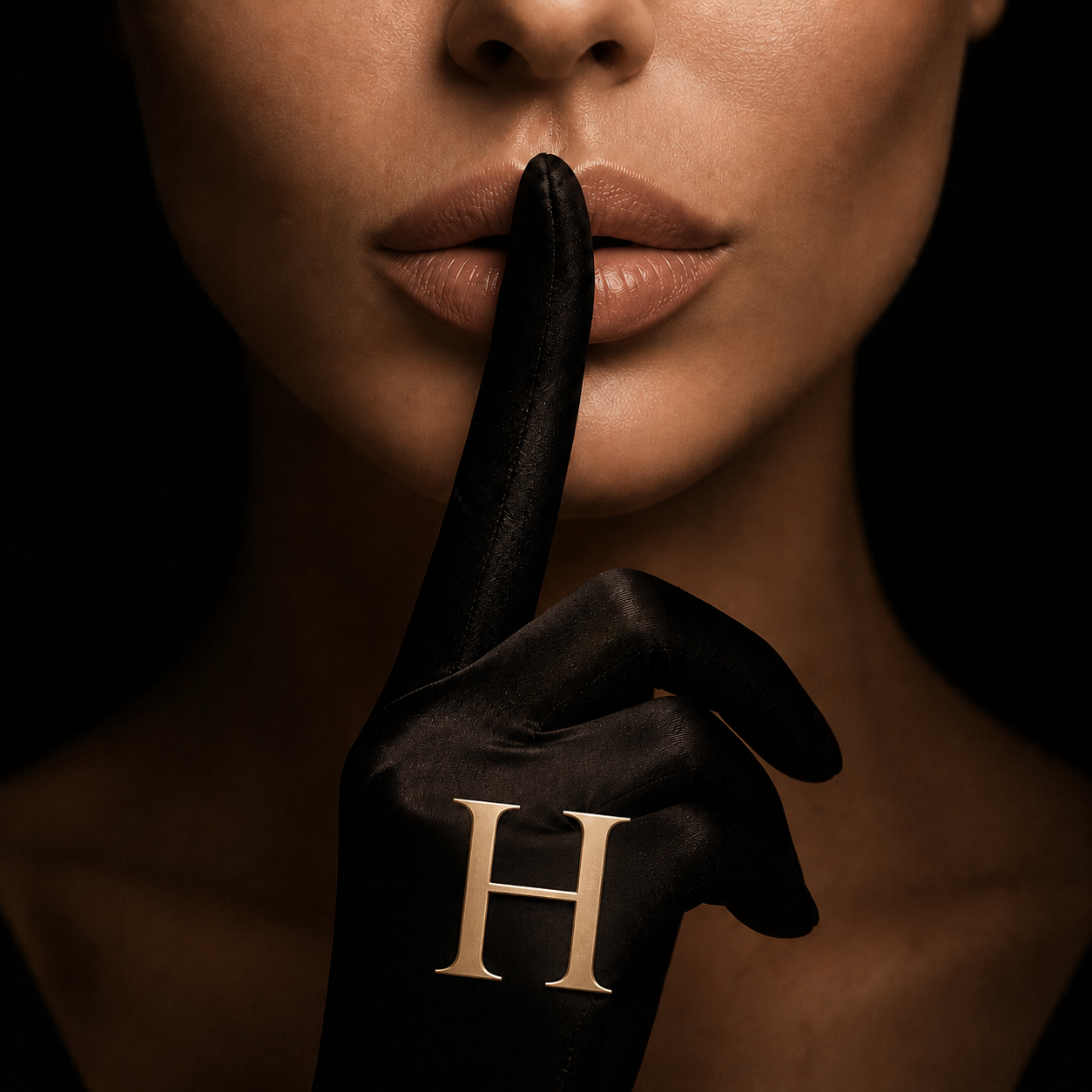 Hush — a gloved finger to her lips